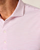 Close-up of a person wearing a pink and white striped shirt.