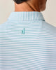 Close-up of a person wearing a light blue and white striped polo shirt with Johnnie-O logo on the nape of the neck.