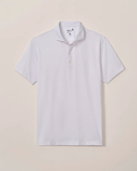White patterned polo shirt on a beige background