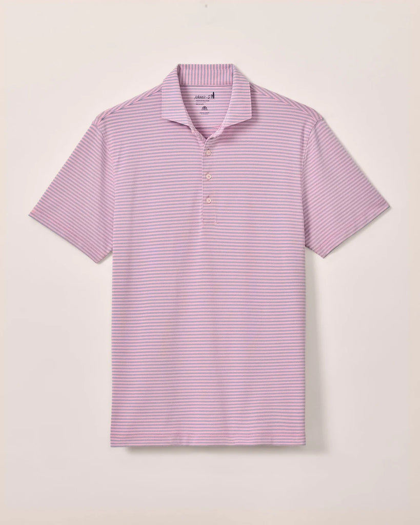Pink and blue striped polo shirt on a beige background