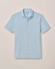 Light blue striped polo shirt on a beige background