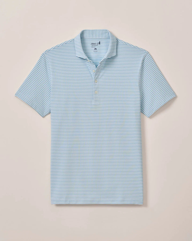 Light blue striped polo shirt on a beige background