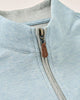 Close-up of a light blue pullover with a zipper and brown zipper pull.