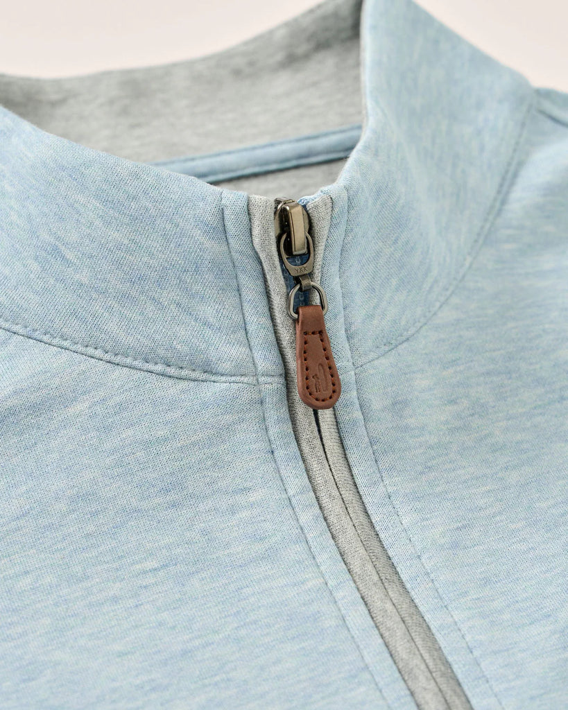Close-up of a light blue pullover with a zipper and brown zipper pull.
