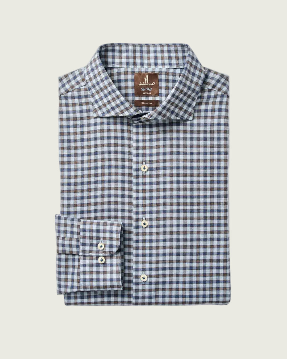 A folded long-sleeve dress shirt with a blue, white, and brown gingham check pattern, featuring a pointed collar, button-down front, and a folded cuff with two-button placket, displayed on a light gray background.