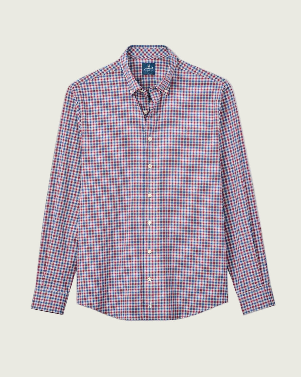 A long-sleeve button-down shirt with a red, blue, and white gingham check pattern, displayed flat against a light gray background.