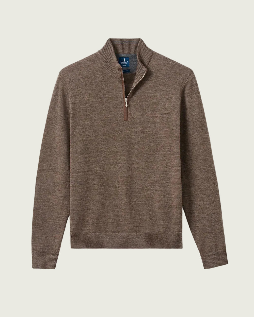 A brown half-zip knit sweater with a stand collar, displayed flat against a light gray background.