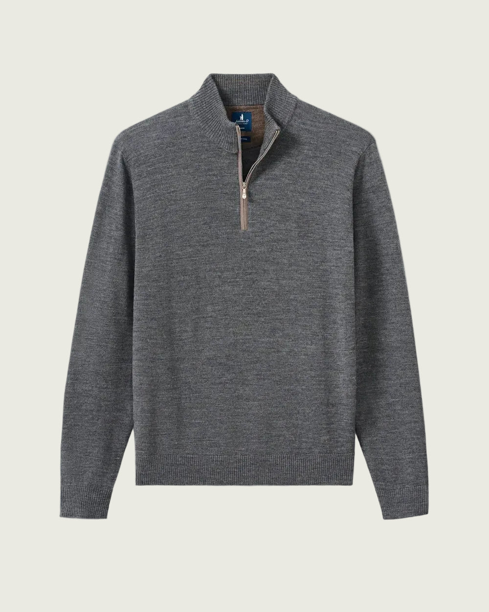 A dark gray heathered quarter-zip knit sweater with a stand collar and a light beige zipper, displayed flat against a light gray background.