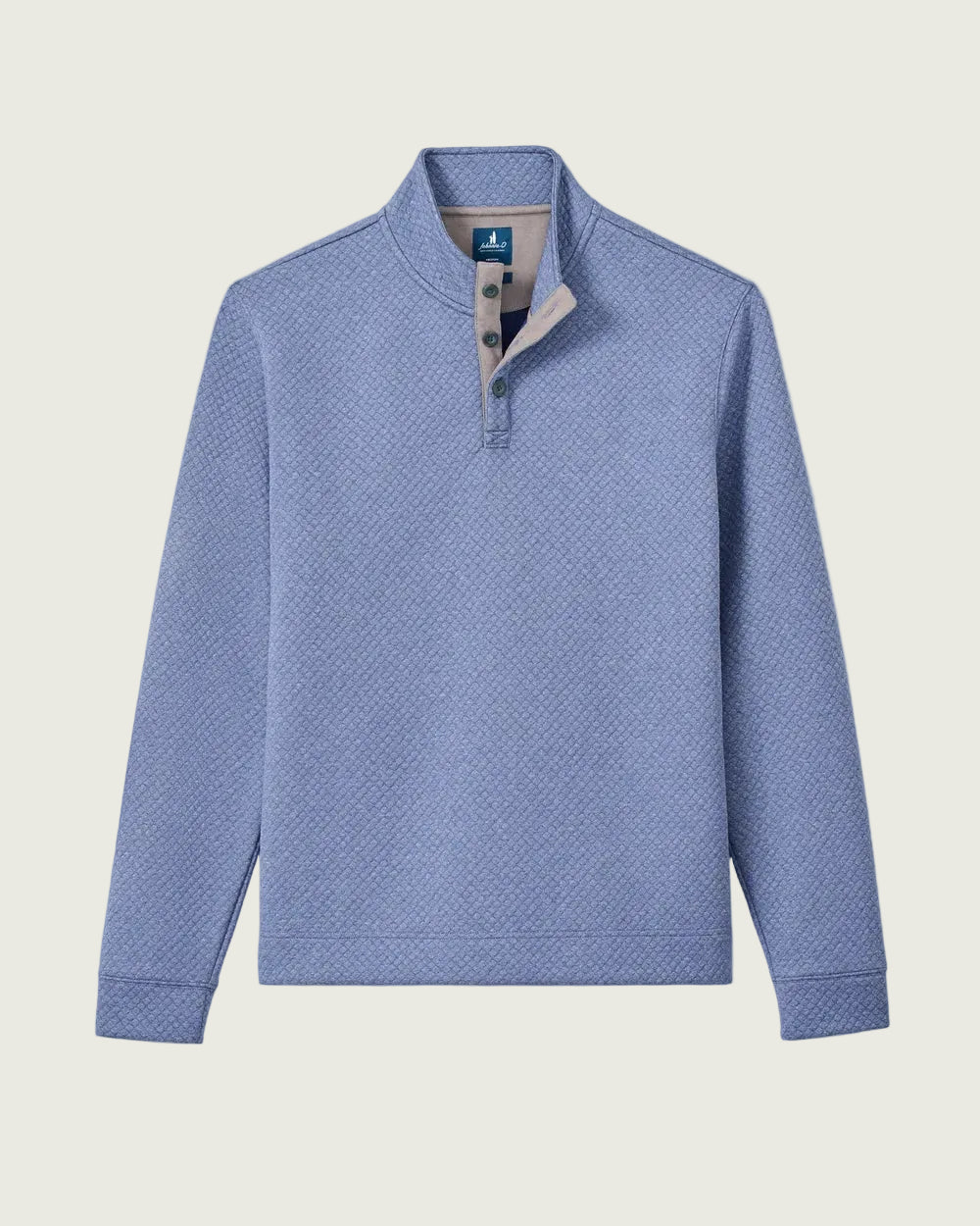 A light blue textured quarter-placket pullover sweater with a beige inner placket and collar lining, displayed flat against a light gray background.