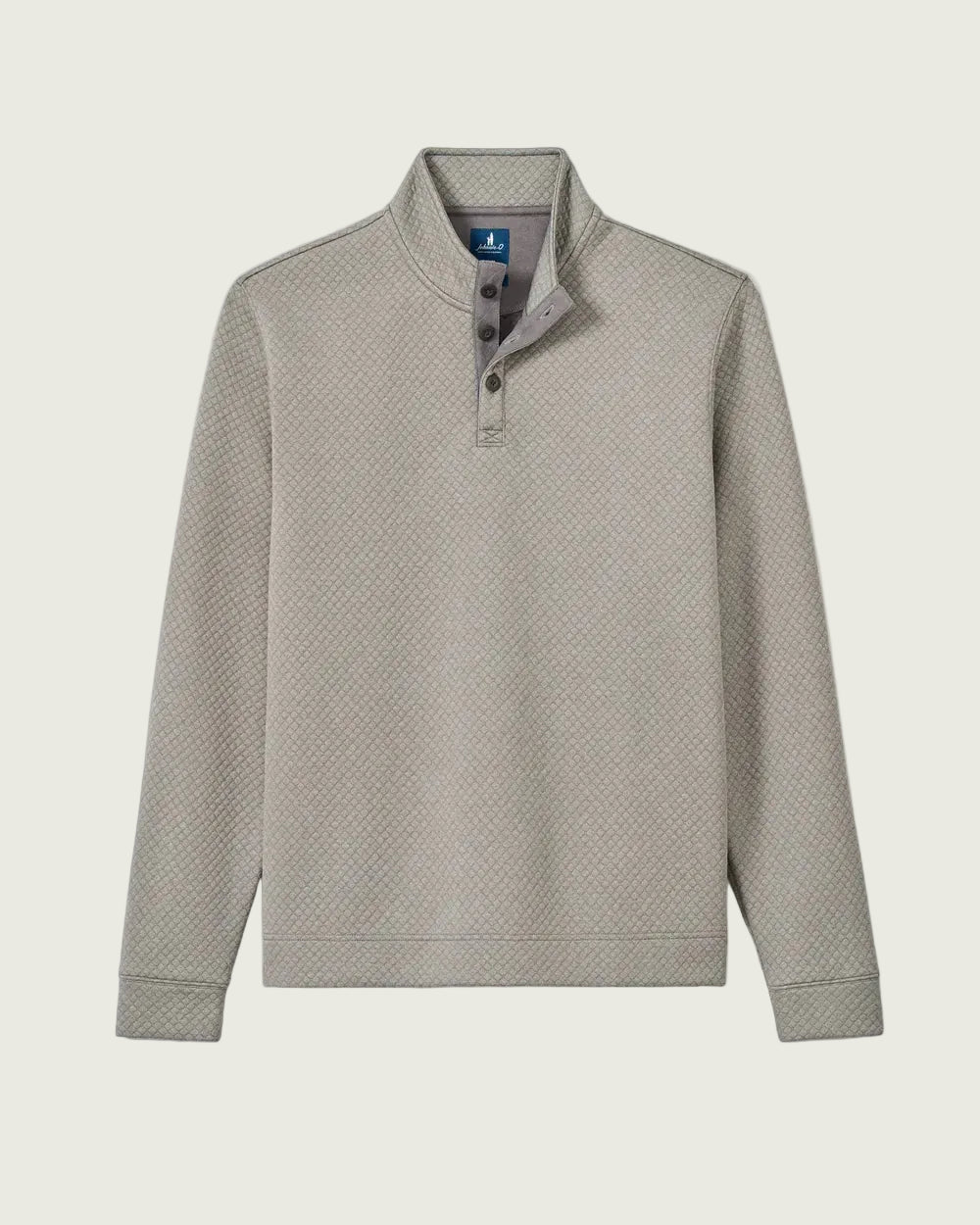 A light gray textured quarter-placket sweater with a stand collar and three-button placket, shown flat on a light gray background.