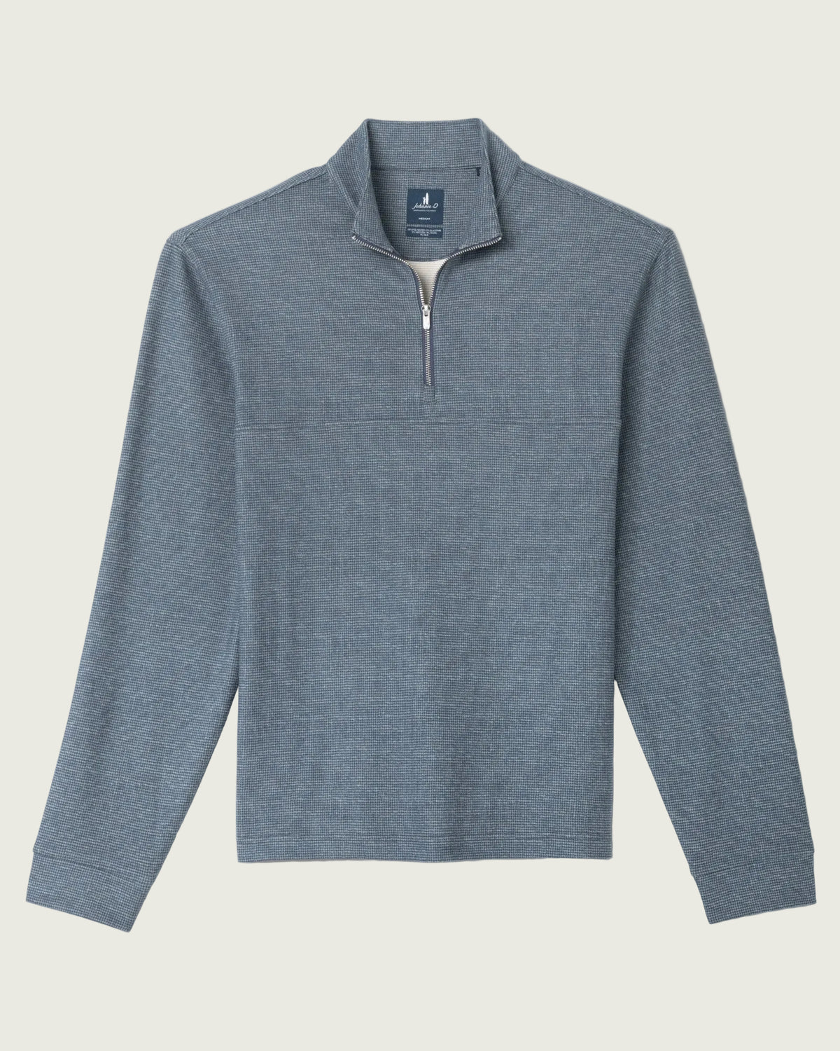 A heathered slate blue long-sleeve quarter-zip pullover sweater with a mock neck collar, displayed flat against a white background.