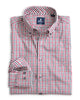 Folded red and gray checkered shirt on a white background