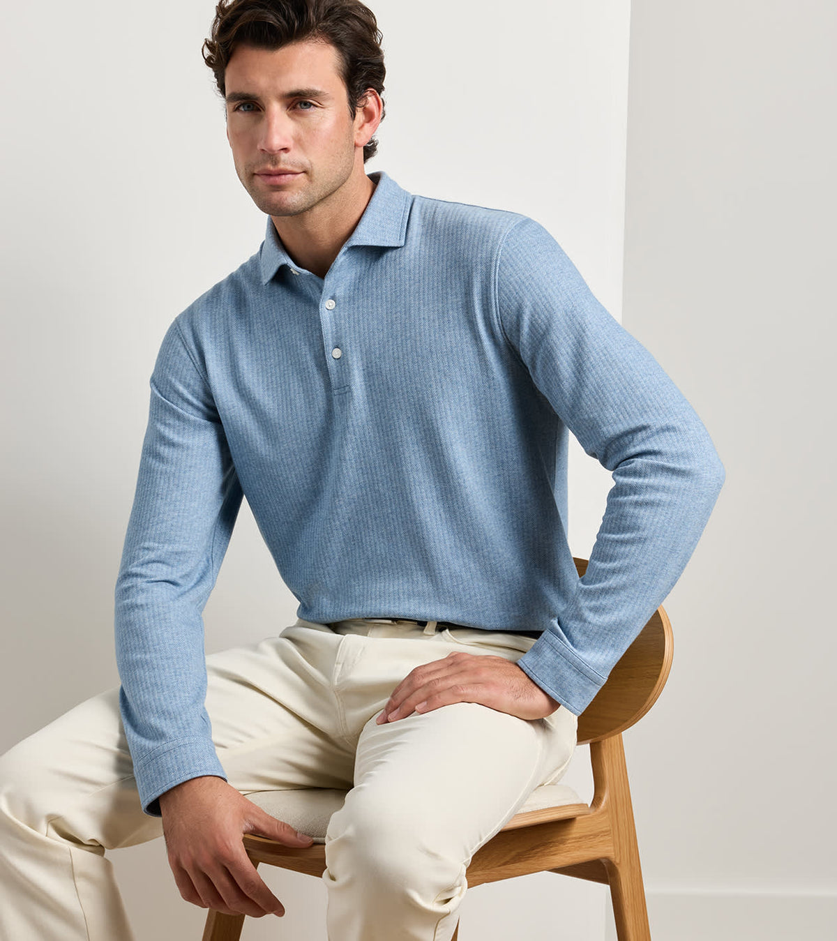Peter Millar - Herringbone Long-Sleeve Polo - Cottage Blue