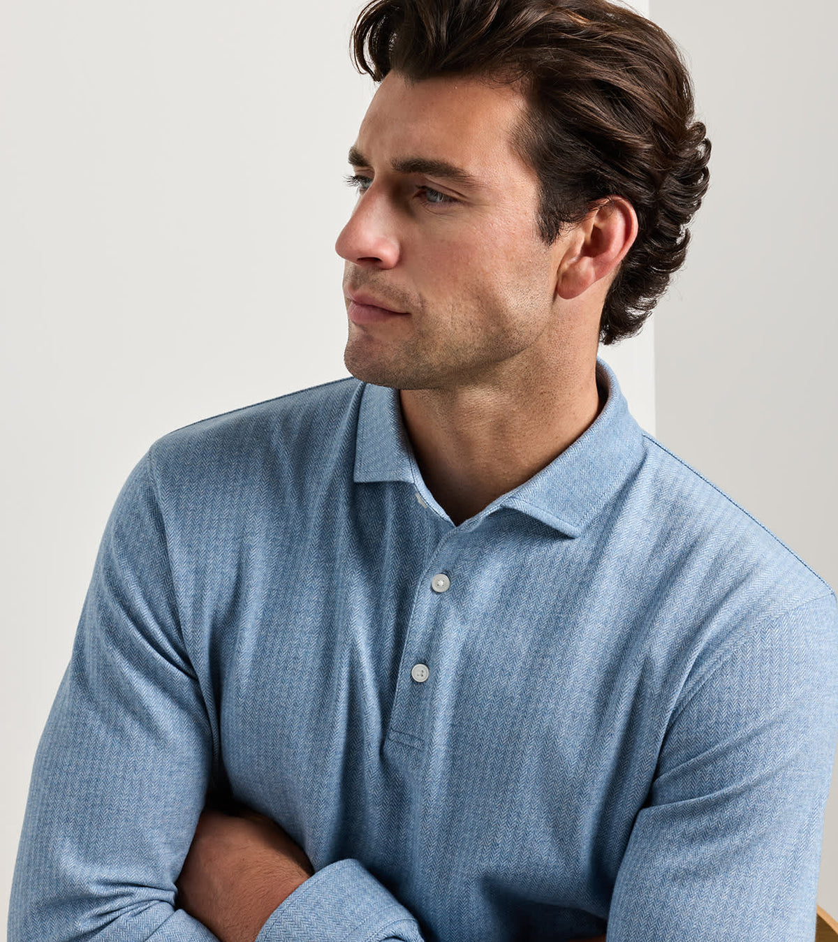 Peter Millar - Herringbone Long-Sleeve Polo - Cottage Blue