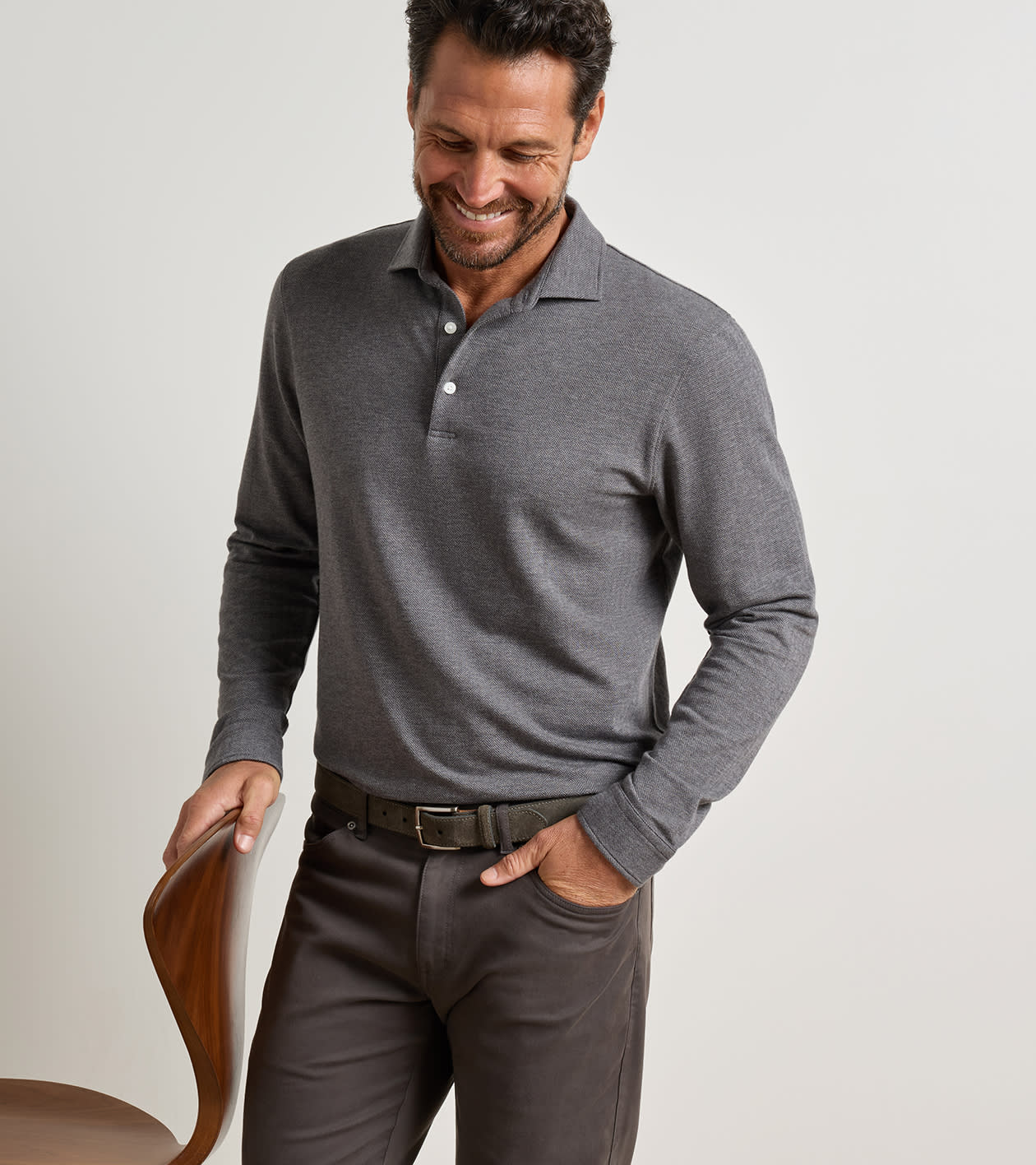 Peter Millar - Herringbone Long-Sleeve Polo - Charcoal