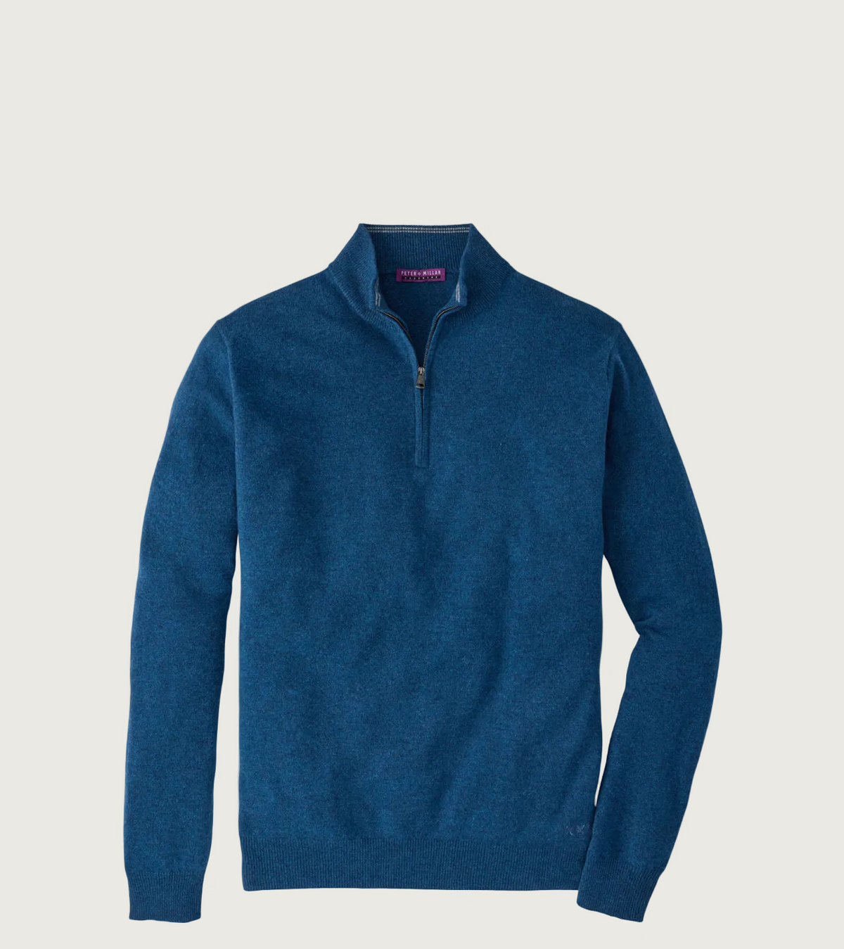 A dark blue heathered quarter-zip pullover sweater with a stand collar, displayed on a clean white background.