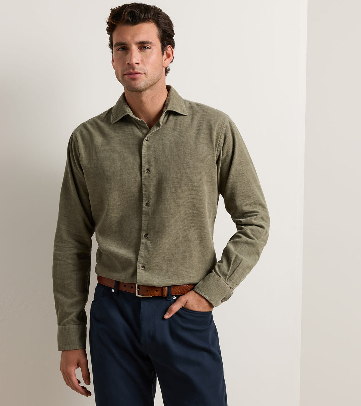 Peter Millar - Aspen Cotton Cashmere Corduroy Sport Shirt - Fatigue