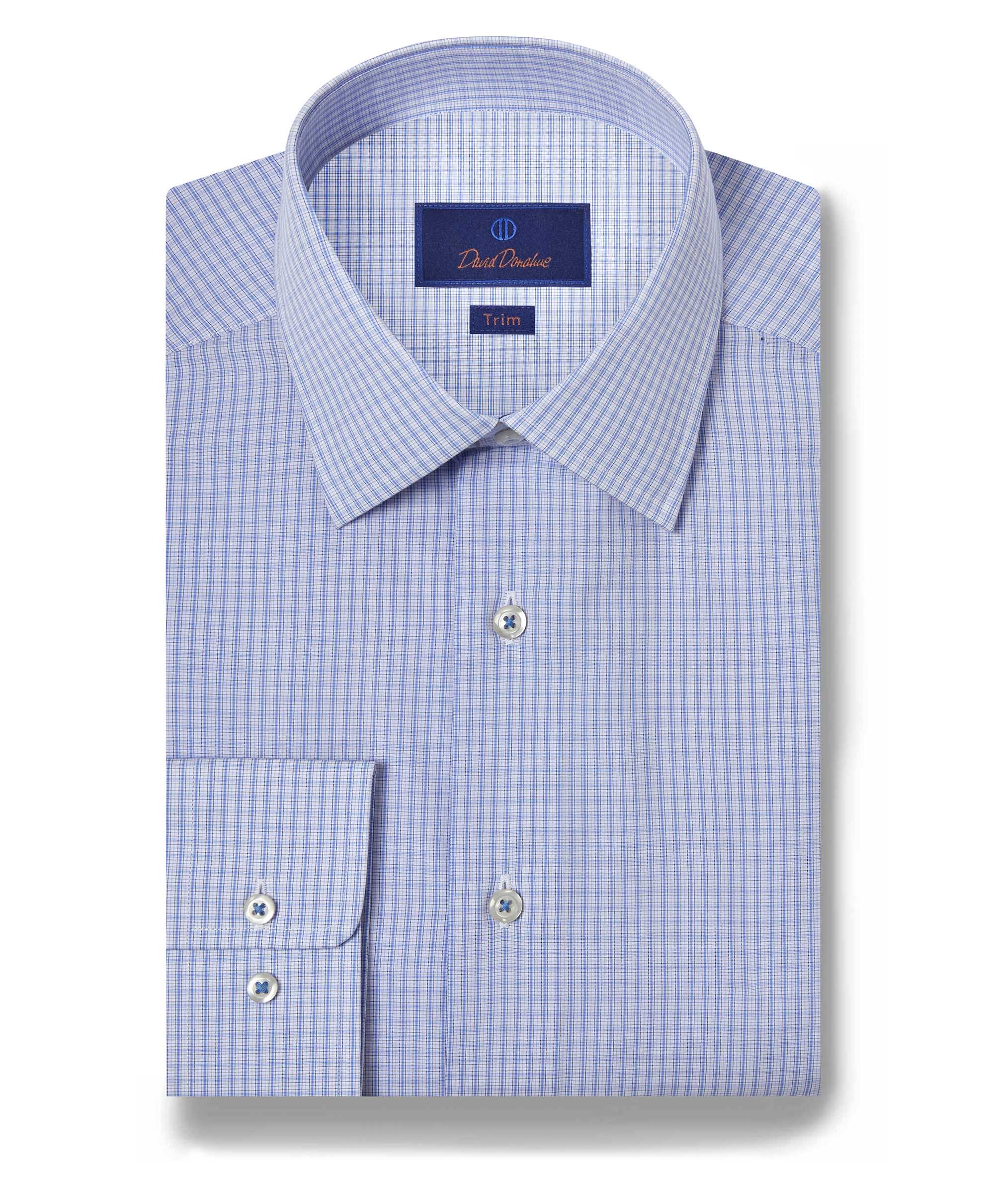 David Donahue - White & Blue Mini Plaid Dress Shirt