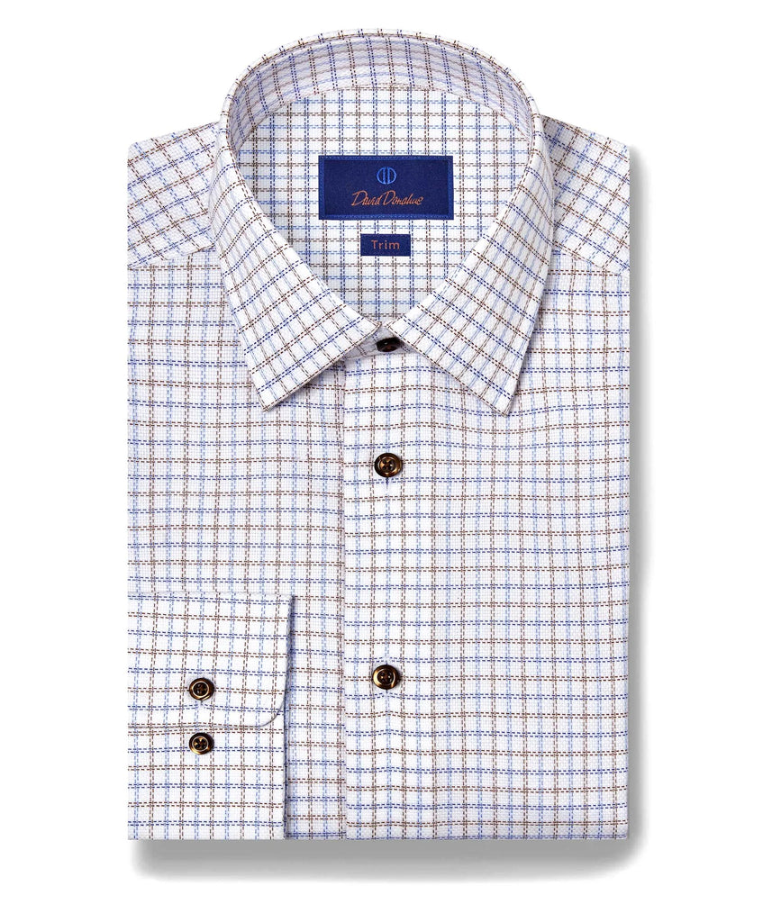 David Donahue - Blue & Brown Textured Check Dress Shirt 15.5 David Donahue - Blue & Brown Textured Check Dress Shirt 15.5