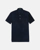 Navy cotton terry polo shirt with white buttons.